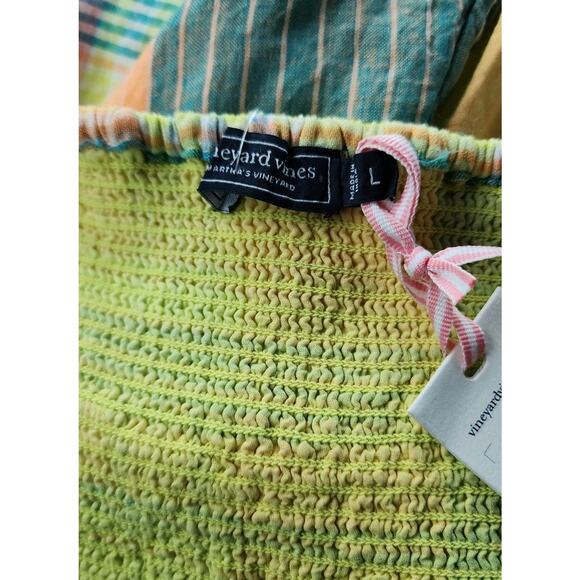 Vineyard Vines Plaid Lemon Tart Smocked Linen Ruffle Midi Dress Large NWT $228 - Picture 4 of 7